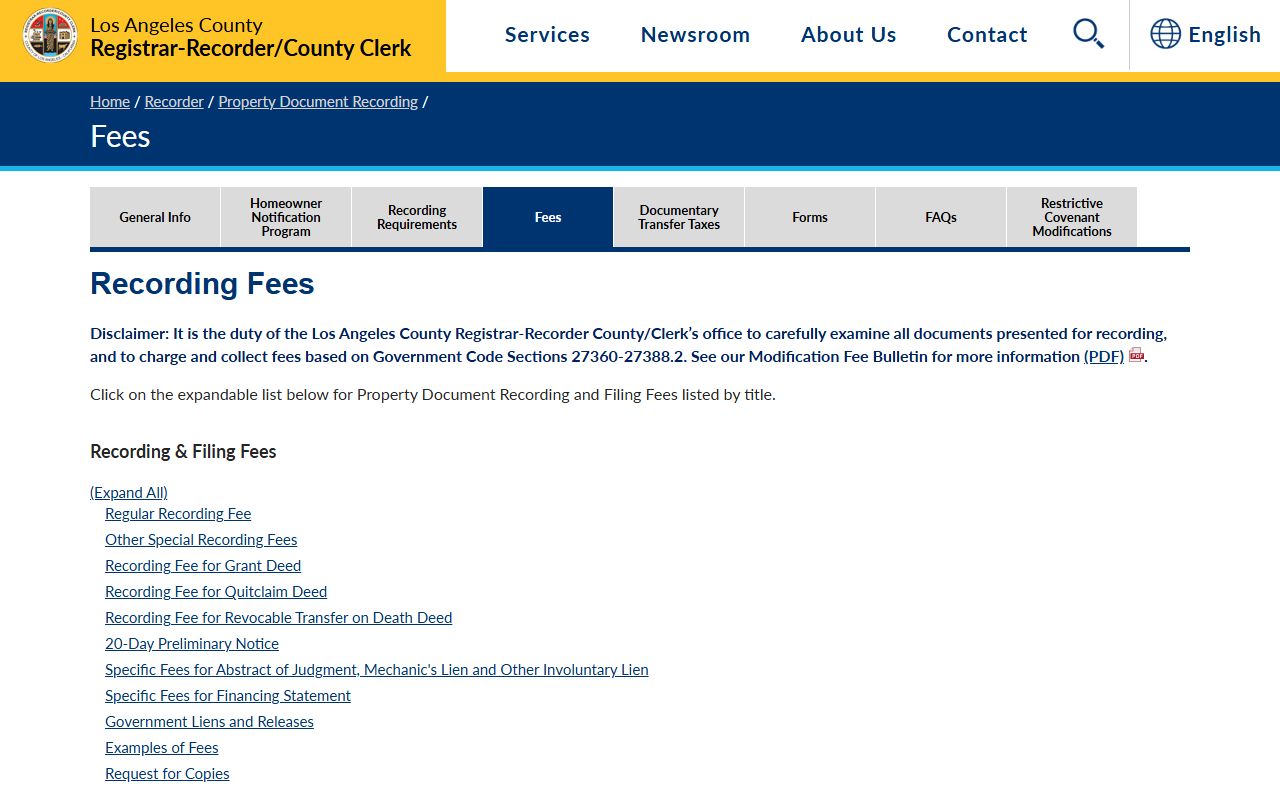Los Angeles County official recording fee schedule