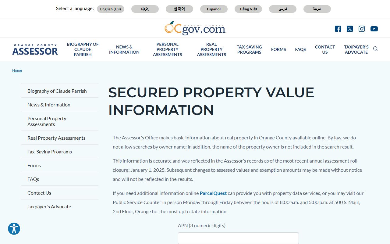 Orange County Assessor property value search portal