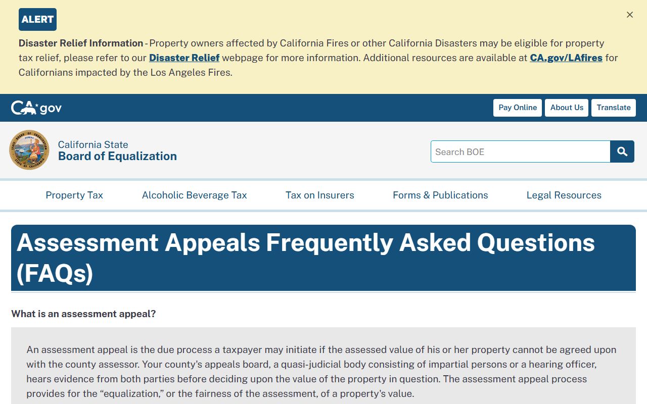 California Board of Equalization assessment appeals FAQ page