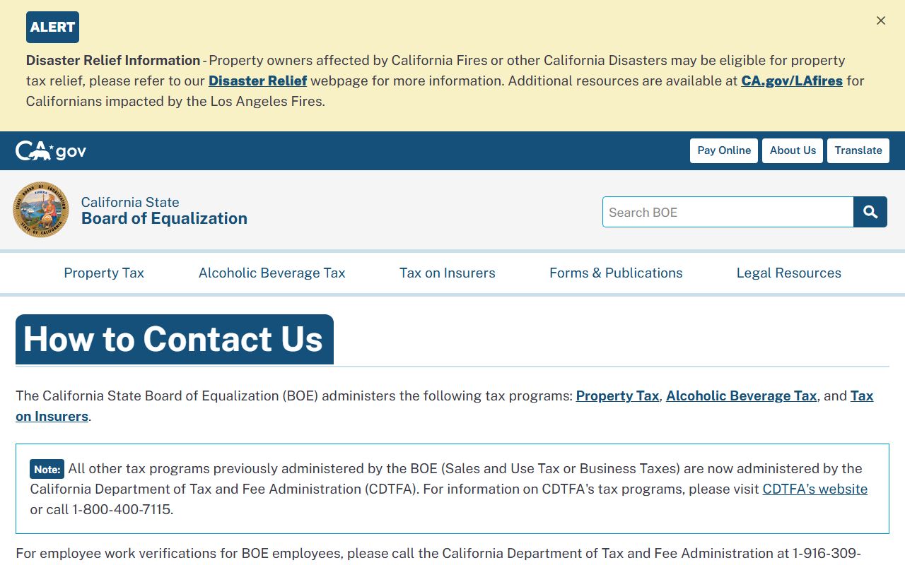 California Board of Equalization contact information for property tax questions