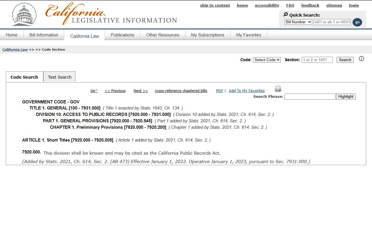 California Public Records Act statute text at Government Code 7920