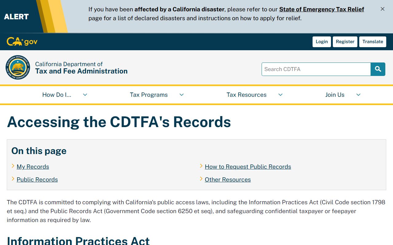 California Department of Tax and Fee Administration public records access page