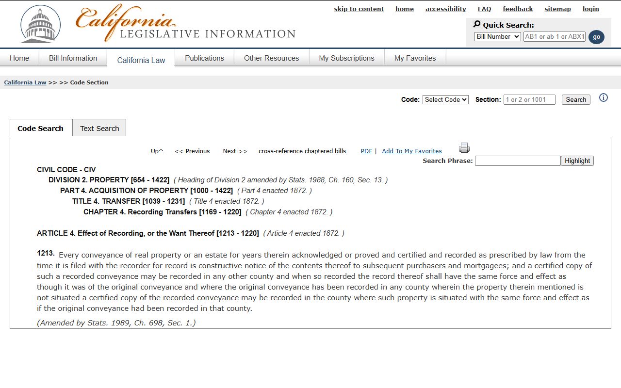 California Civil Code section 1213 on property recording requirements